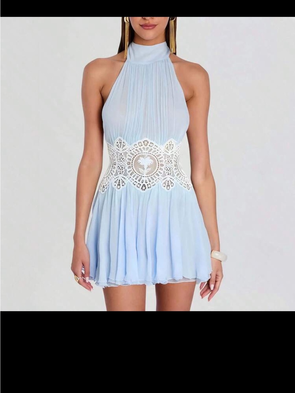 Miss rossier Halter Neck Light Blue Mini Dress with White Crochet Waist